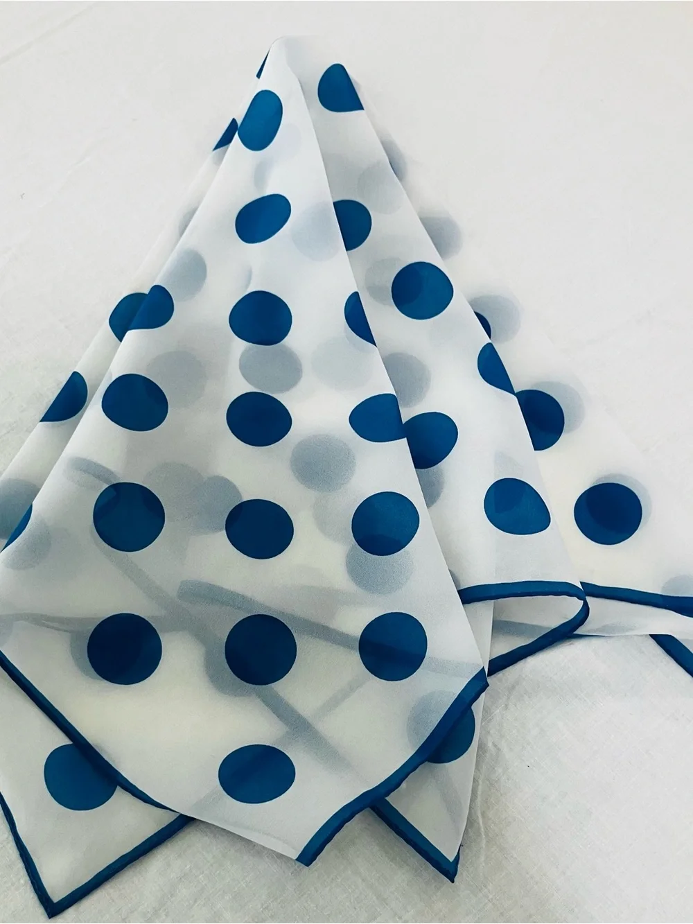 80's White Scarf with Royal Blue Polka Dots